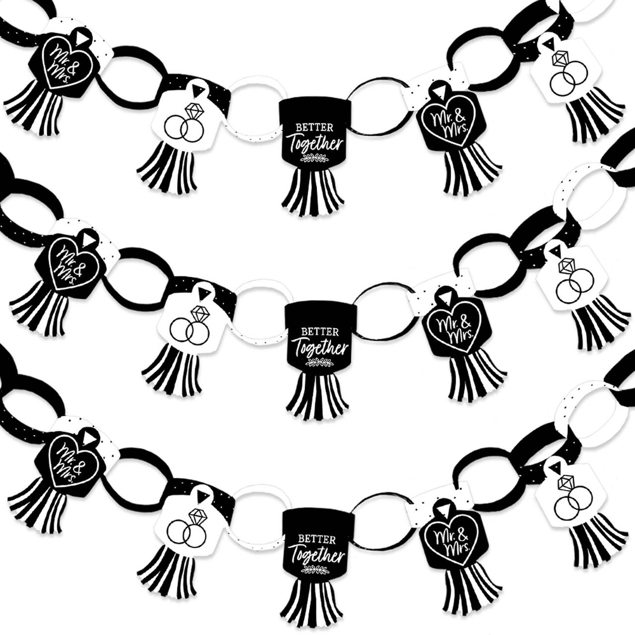 Big Dot of Happiness Mr. and Mrs. - 90 Chain Links & 30 Paper Tassels Decor Kit - Black & White Wedding or Bridal Shower Paper Chains Garland - 21 ft